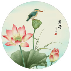 Chinese wind on water flowers and birds illustration background