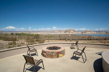 Scenic view of Lake Powell in Page Arizona from a fire pit with chairs