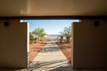 Scenic view from sidewalk leading out to Lake Powell in Page Arizona