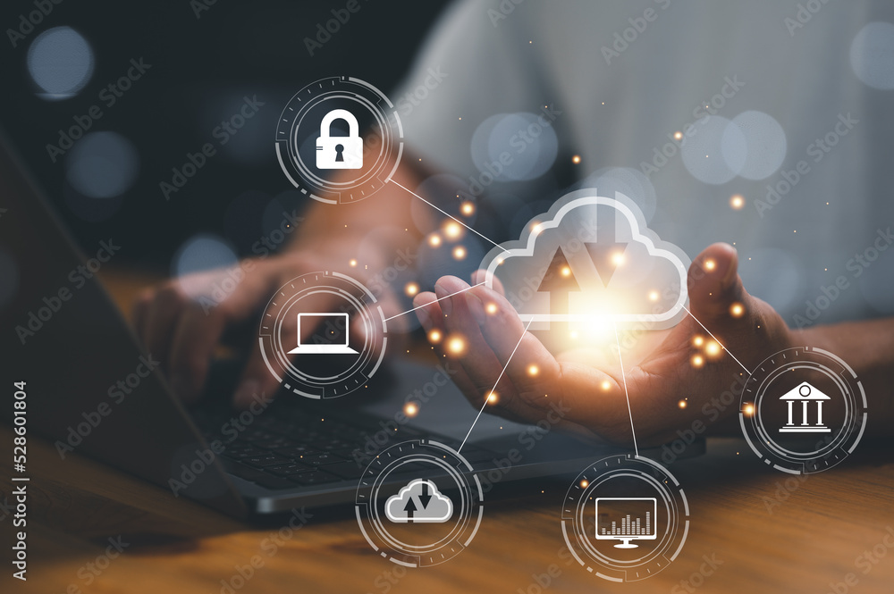 Poster man use Laptop with cloud computing diagram show on hand. Cloud technology. Data storage. Networking and internet service concept...
