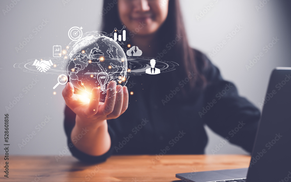 Aufkleber woman hand holding virtual global internet connection metaverse. business global internet connection