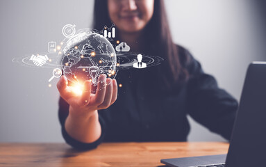 woman Hand holding virtual Global Internet connection metaverse. Business global internet connection application technology and digital marketing, Financial and banking, Digital link tech, big data...