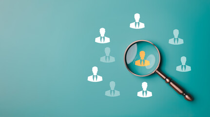 HRM or Human Resource Management, Magnifier glass focus to manager icon which is among staff icons for human development recruitment leadership and customer target group concept... - obrazy, fototapety, plakaty