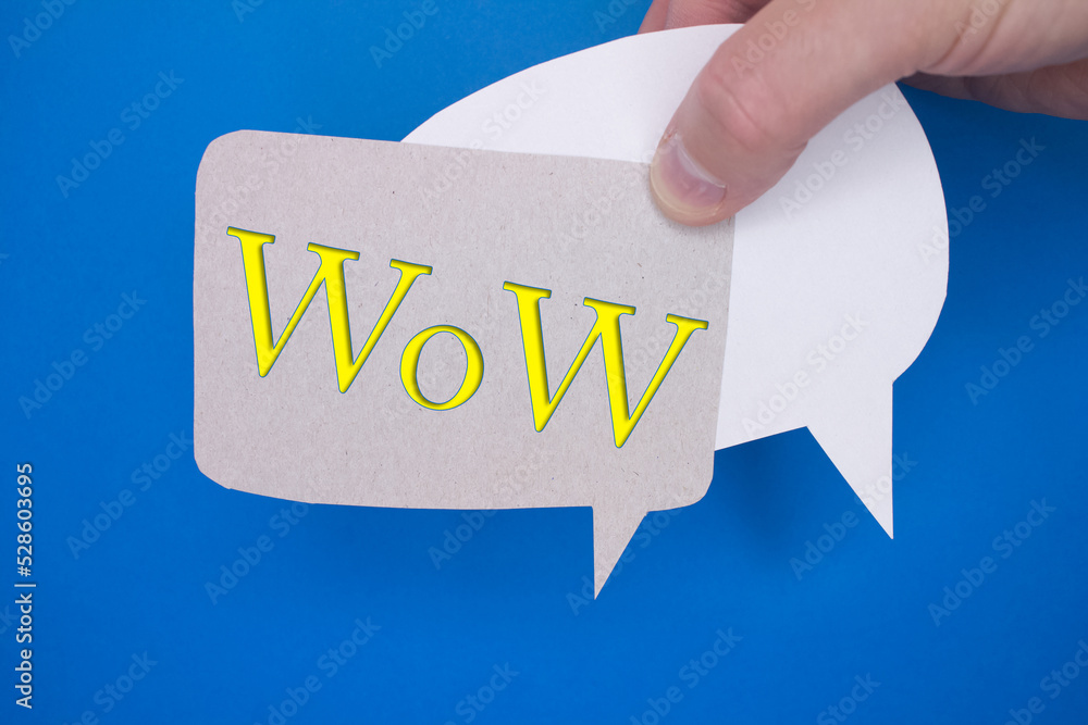 Poster speech bubble in front of colored background with wow text.