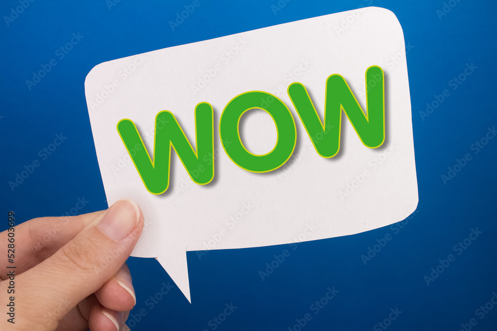Poster speech bubble in front of colored background with wow text.