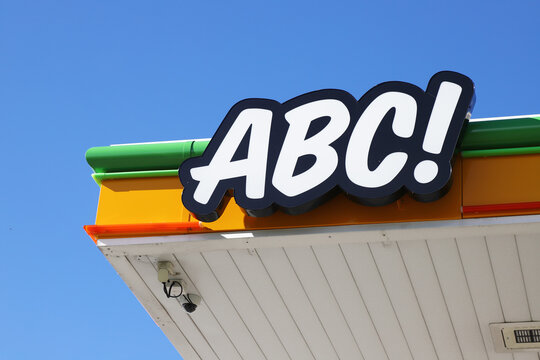 Ylitornio, Finland - August 29, 2022: Low-amgle view of the S-group owned gasoline brand Abc logotype at the gas station sheltering roof.