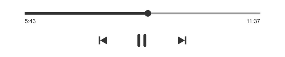 Loading bar of audio or video player with progress slider, minutes timer, pause, rewind and fast forward buttons. Outline template of media player playback panel interface. Vector graphic illustration