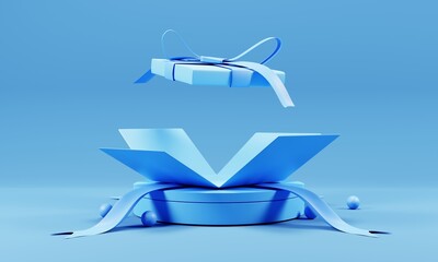 blue gift box surprise on 3d rendering with blue background