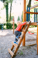 Little girl climbs a wooden ladder. High quality photo - obrazy, fototapety, plakaty