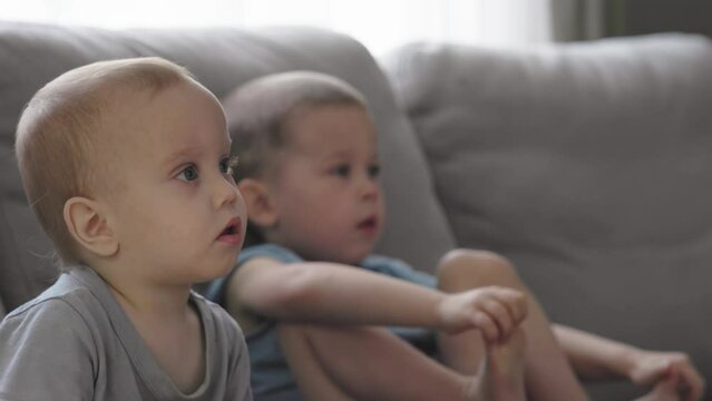 two baby boys children watching tv at home hypnotized attentively keen staring at screen