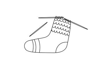 Knitted warm doodle socks, vector flat illustration. Cartoon cute comfortable handmade clothes. Hand drawn cozy seasonal wear. Clipart.