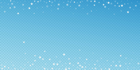 Christmas falling snow background. Subtle flying snow flakes and stars. Festive winter silver snowflake overlay template. Vector illustration