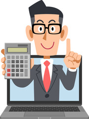 オンラインで計算するスーツ姿の男性
