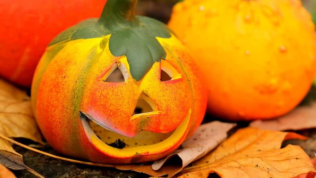 Halloween holiday .Jack lantern with sparks and smoke.Halloween festive background. Slow motion.Halloween season. Festive pumpkin symbol. 4k footage