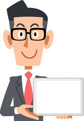 空欄のタブレットを見せるビジネススーツの男性
