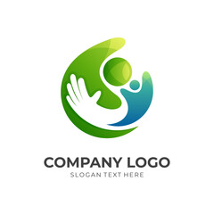 family care logo concept, people and hand combination logo with 3d green and blue color style