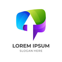 chat up logo design, bubble chat and arrow combination logo with 3d colorful style