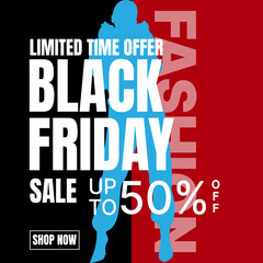 flat black friday fashion sale banner design in red and black color