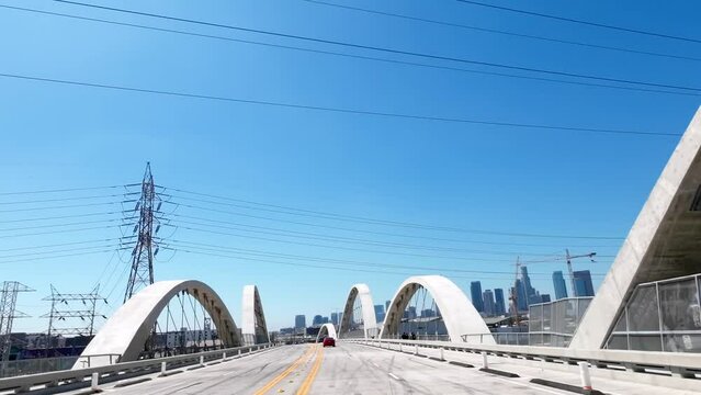 Driving along Sixth Street Bridge is a viaduct bridge in downtown Los Angeles - driver point of view