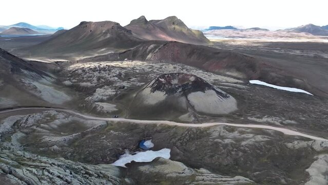 Panorama Of Volcanoes Around The Stutur Crater At Daylight In Iceland. - aerial pullback