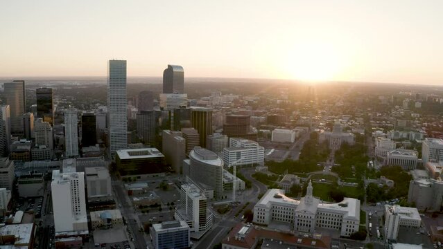 4k Aerial Drone Footage - Skyline of the City of Denver Colorado at Sunrise.