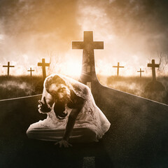 Scary bride ghost crawls on the road