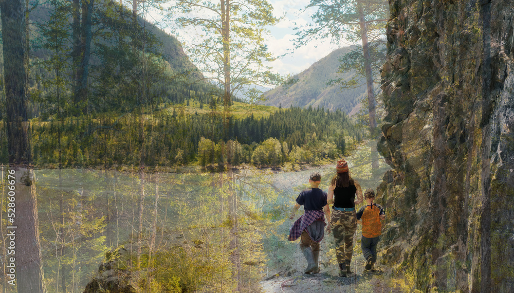 Wall mural family walking in the countryside. double exposure photo