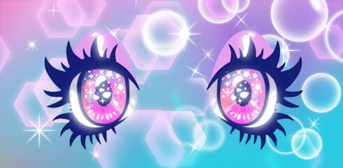 Big anime cartoon eyes with long eyelashes and sparkles.