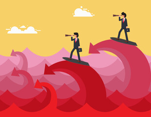 Challenge to overcome difficulty. Two businessmen surf arrow waves pointing forward with their index fingers and Looking binoculars
