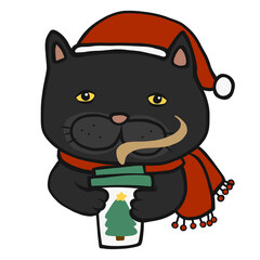 Black cat drink coffee on Christmas cartoon illustration	
