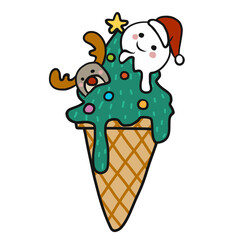 Merry Christmas ice cream cone cartoon illustration - 528607027
