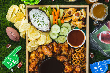 Overhead view of a party tray of healthy and fun snacks and sauces for a fun tail gate party time...