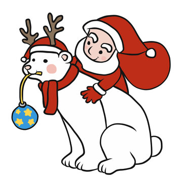 Santa Claus and polar bear wear reindeer hat cartoon illustration	