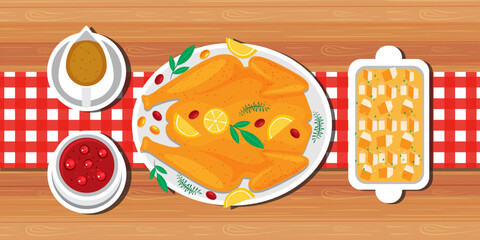 illustration vector isolated cartoon of traditional roast turkey with gravy sauce side dishes on wooden dinner table top view