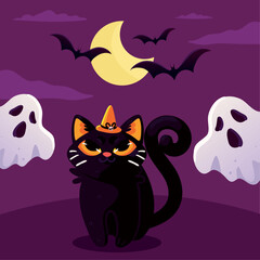 halloween creepy cat and ghost
