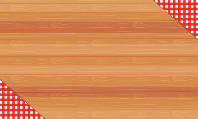 illustration vector background of wooden table with checkered red and white tablecloth for dinner at home, cooking on kitchen table, natural  homemade product banner as concept