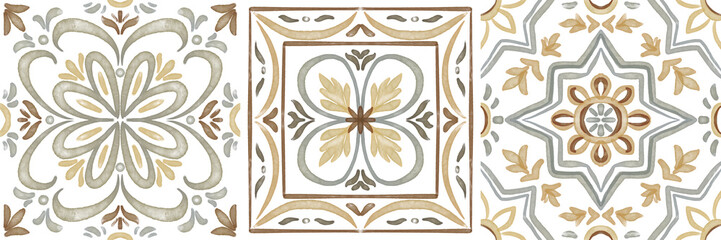 Set of watercolor illustrations - ceramic tile stylization with gray ornaments. Azulejos portugal, Turkish ornament, Moroccan tile mosaic, Talavera ornament.