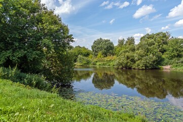 Summer riverbank at noon of the month of August