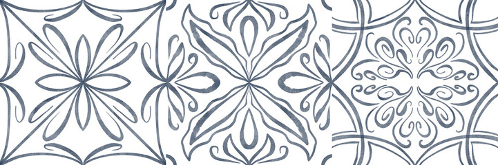 Set of watercolor illustrations - ceramic tile stylization with gray ornaments. Azulejos portugal, Turkish ornament, Moroccan tile mosaic, Talavera ornament.