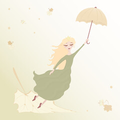 Autumn, beautiful girl princess is flying with umbrella.