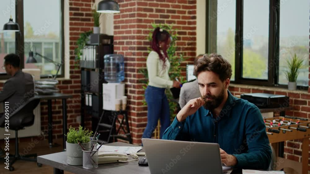 Poster thoughtful employee brainstomring ideas to find business solution, thinking about report analysis. p