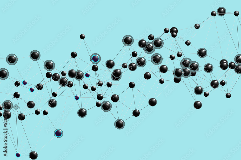 Poster scientific scenery. concept communication between neurons. round cells are connected by threads. sci