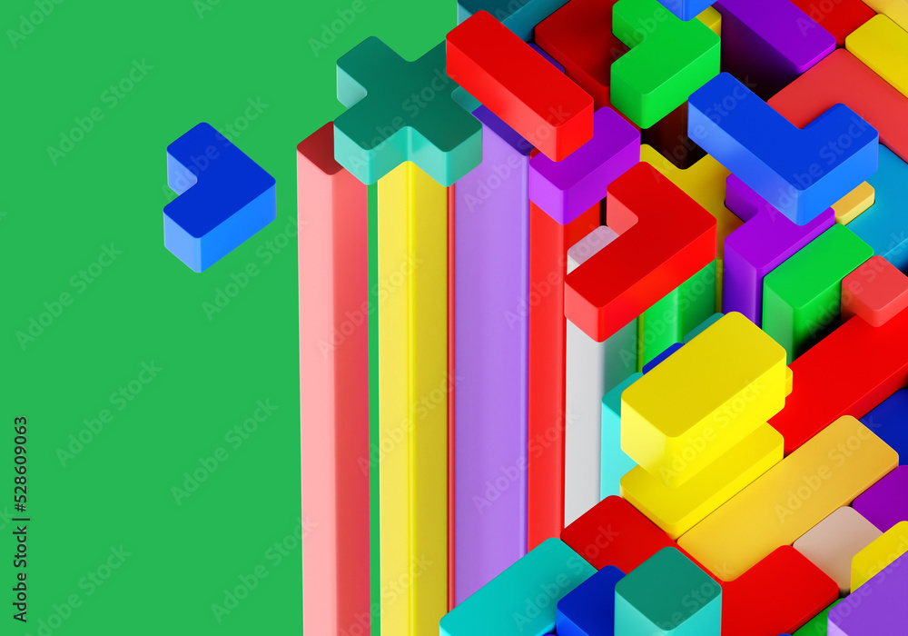 Poster multicolored puzzle. geometric conundrum. pixel bricks on green. volumetric puzzle. background from 