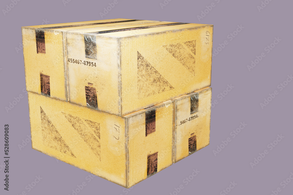 Poster old carton boxes. cardboard boxes for equipment mail old crates isolated on grey. container for tran