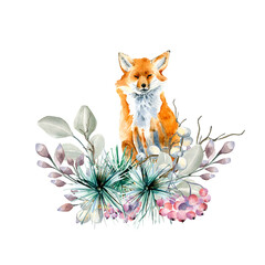 Composition of fox and winter wreath watercolor illustration isolated on white.