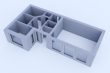Architectural modeling. Visualization of building in section. Walls modern house without roof. Architectural model isolated on white. Modern architecture. Architectural Engineering concept. 3d image