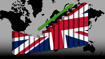 English economy goes up, the economic indicators are good. The state flag on a rising graph. In the background a world map