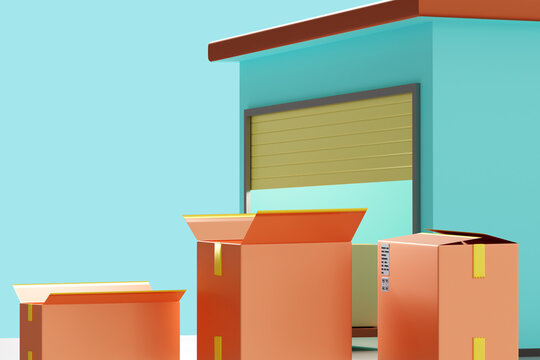 Parcel receiving point. Cardboard boxes next to building. Large boxes at entrance to warehouse. Warehouse model isolated on turquoise. Delivery boxes. Courier business concept. 3d image.