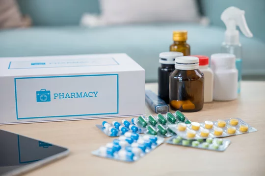 Online purchase delivery of medicines to your home from drugstore, Home  medicine with medicine package box free first aid kit with pills from  pharmacy hospital delivery service on table in living room Photos | Adobe  Stock
