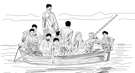 Flood victims on boat vector, people left home by heavy rain and flood traveling on boat outline sketch drawing, Flood victims on boat line art illustration
